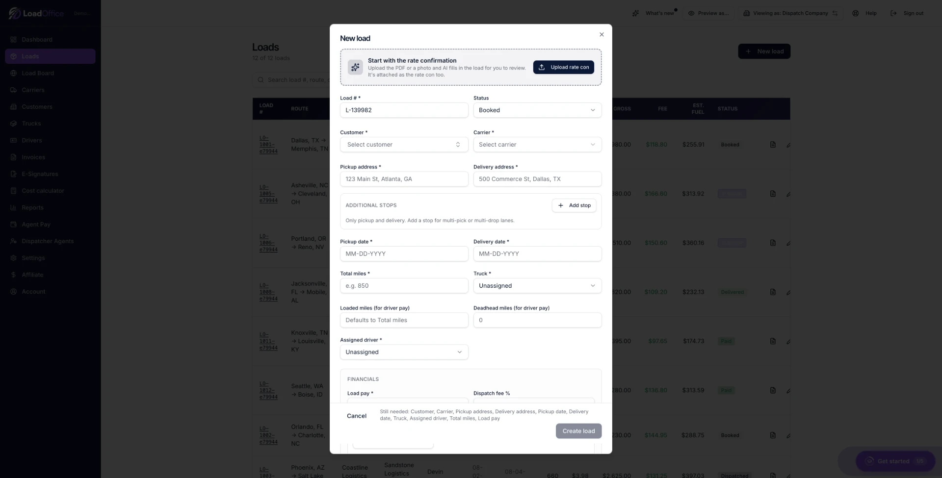 New load — AI reads your rate con and fills the load for you.