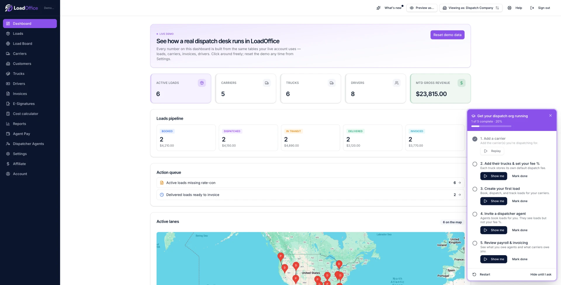 Dashboard — active loads, trucks, drivers, and month-to-date gross at a glance.