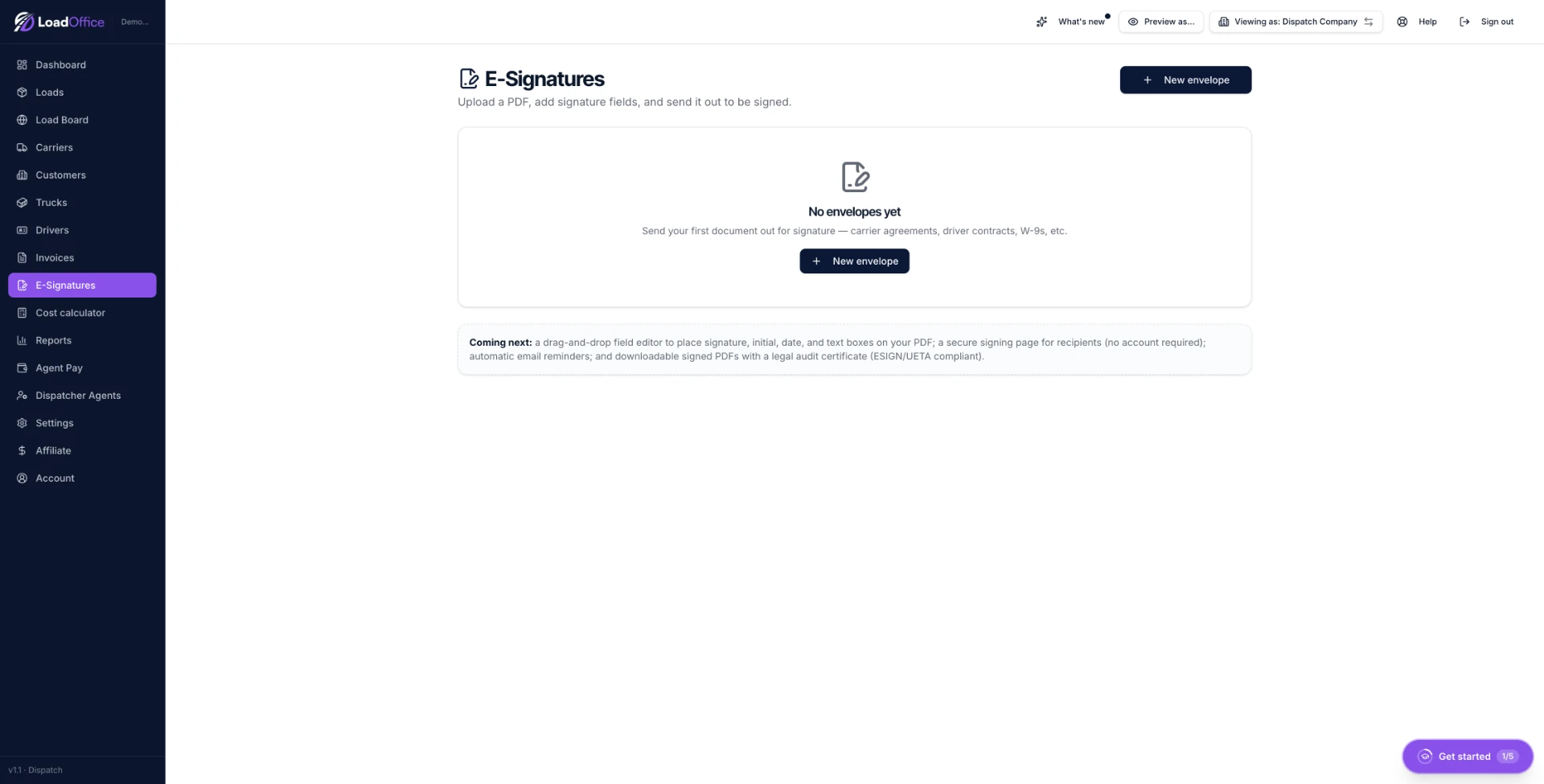 E-signatures — send carrier agreements, driver contracts, and W-9s to be signed.